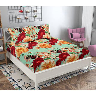 Black Bee  Blue Pink Green Floral Print 3D Double Bedsheet With 2 Pillow Covers (208 X 213 Cm)(Bs20-01)