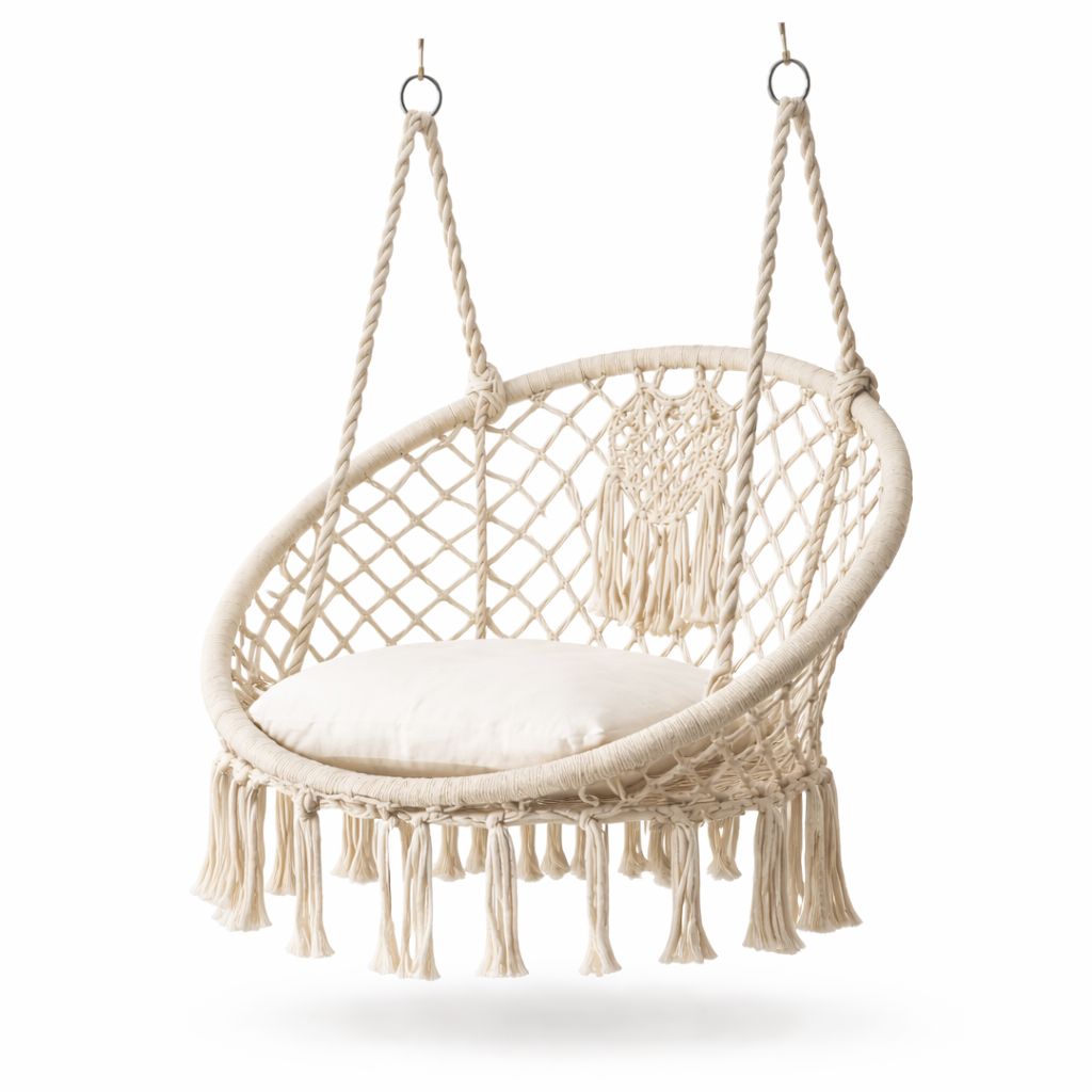 Hand-Woven Macrame Hammock Chair with Cushion