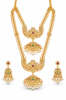 Antique Gold Plated Multi-Layered Peacock Necklace Set with Pearls & Stones