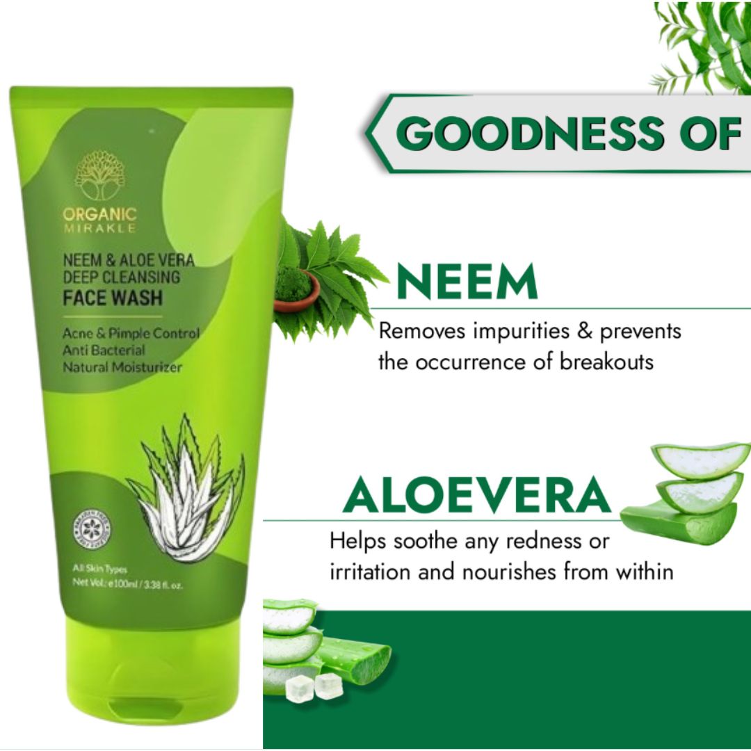 Mirakle Aloe Vera Gel Neem & Tea Tree Face Wash 100 ml each For Deep Cleansing & Acne Care Face Wash  Pack of 2