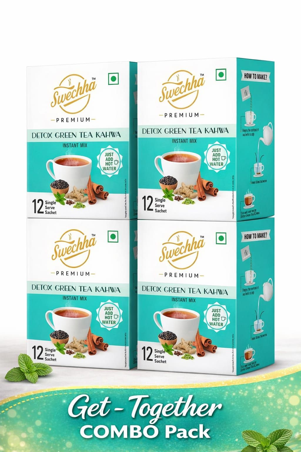 Swechha Premium Detox Green Tea (Weight Loss / Immunity / Herbal Tea ) Kahwa Instant Mix 04 Combo Pack - 4 x 12 Sachets