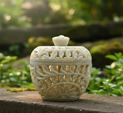 Soapstone Decorative Box with Jali Cut Design, Apple Shape, Ring Storage Box, Lamp Holder