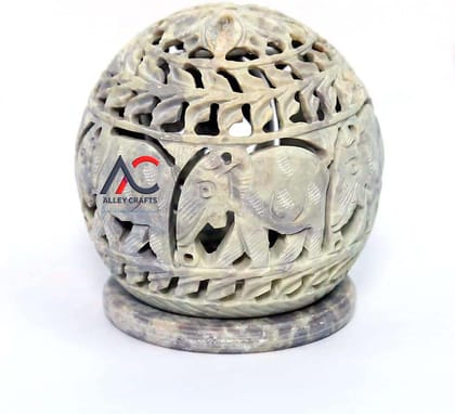Elephant Carved Soapstone Tea Light or Incense Burner - Ring of Elephants.