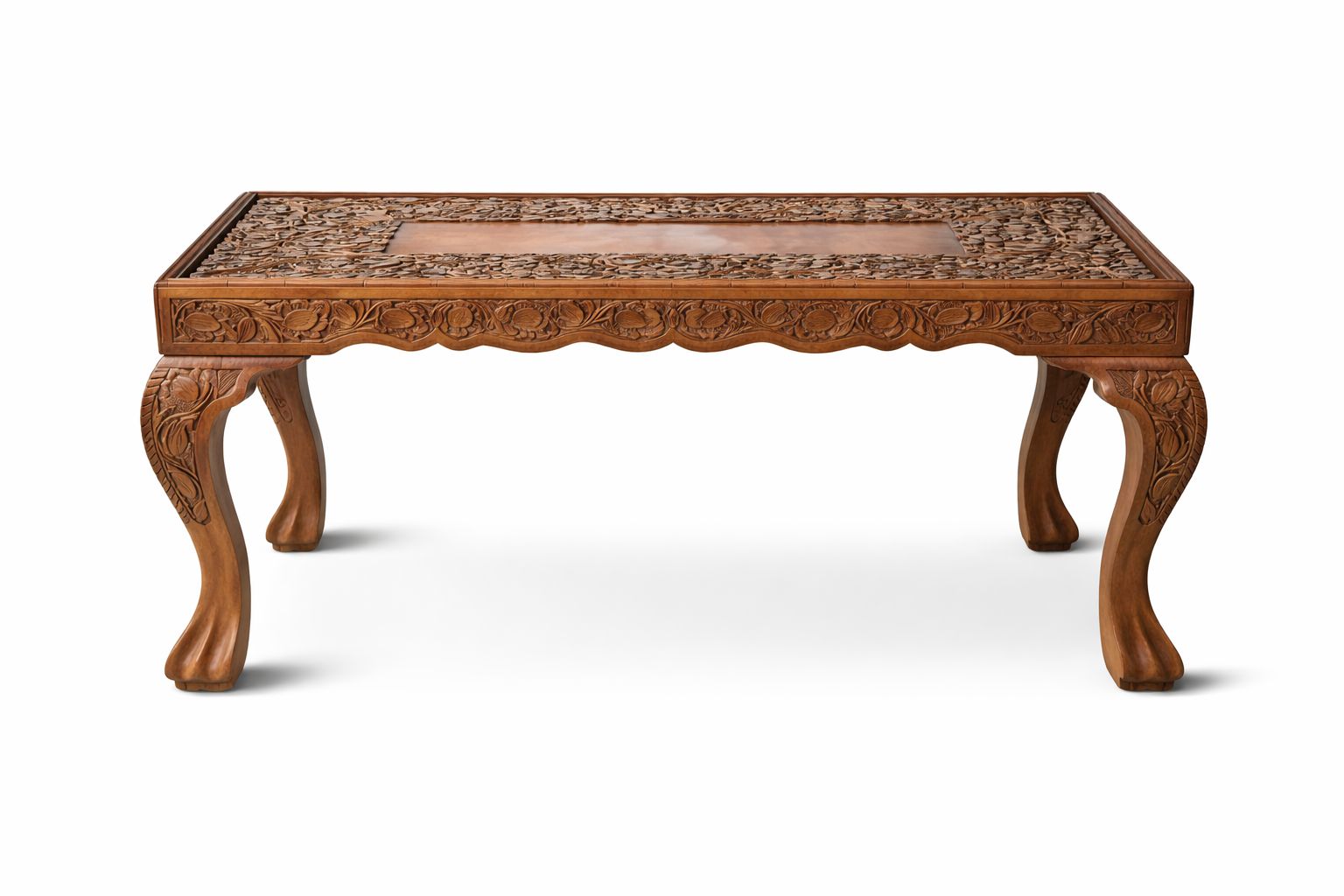 Hand-Carved Wooden Coffee Table with Intricate Floral Design