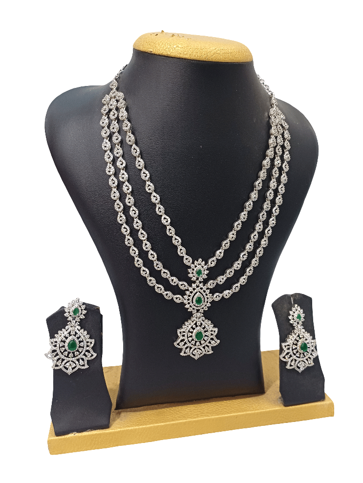 Elegant American Diamond Necklace Set with Green Stones