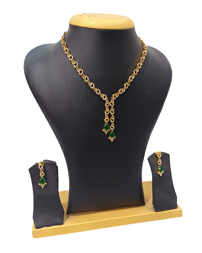 Elegant Gold-Plated Chain Necklace Set with Green Stone Drops