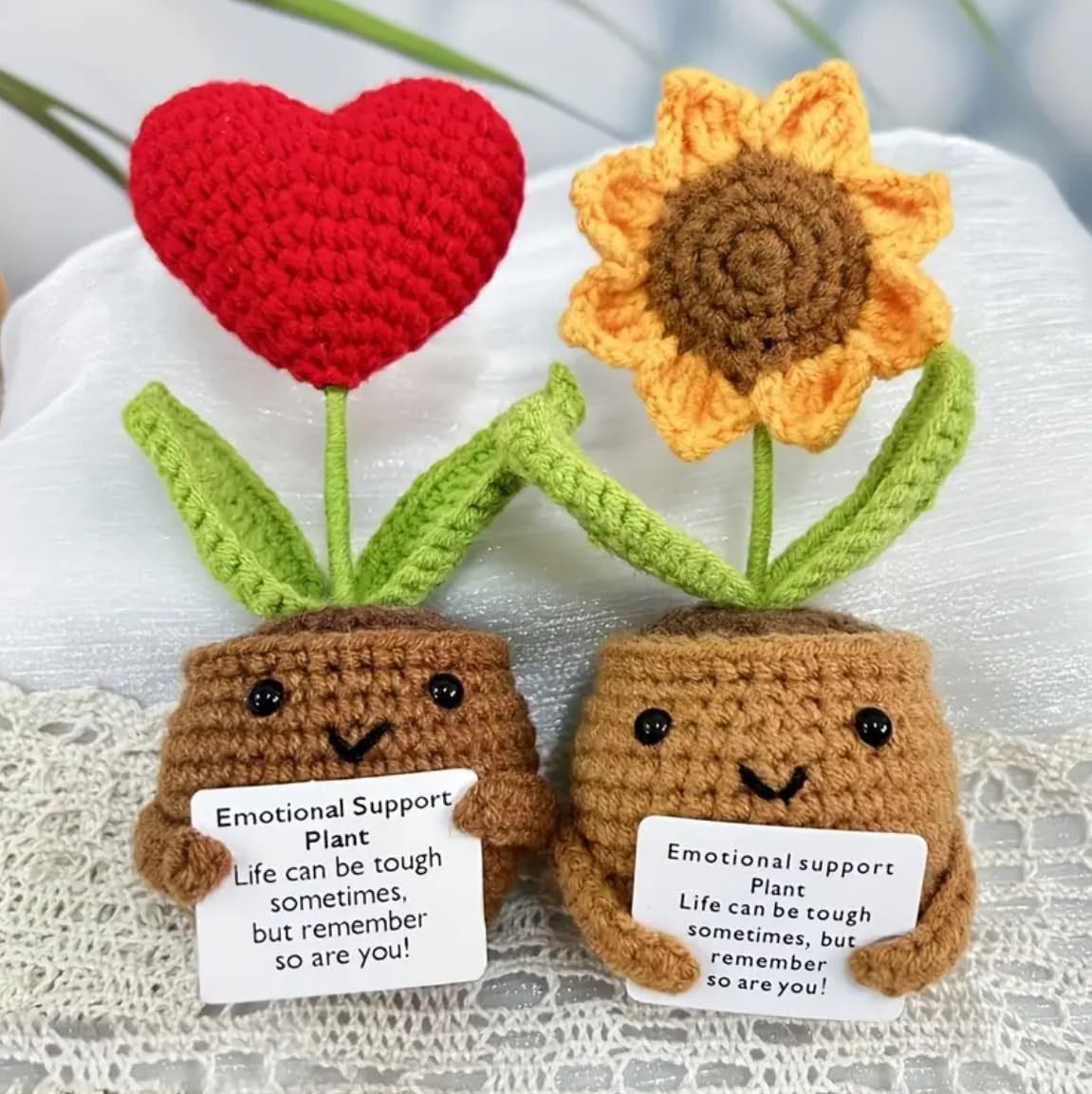 Handmade Emotional Support Crochet Plants - Heart & Sunflower Duo