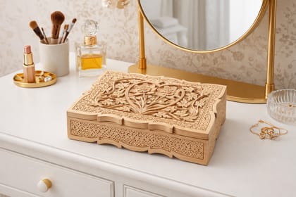 Hand-Carved Wooden Jewelry Box with Floral Heart Design Hand-Carved Wooden Jewelry Box with Floral Heart Design