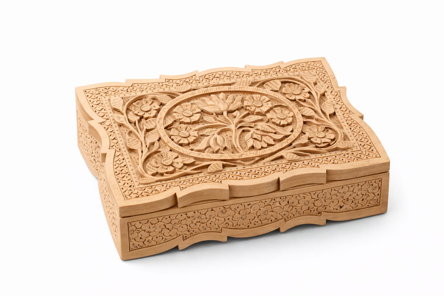 Hand-Carved Wooden Floral Keepsake Jewelry Box, Light Brown