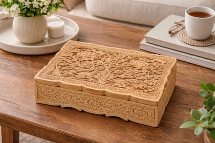 Hand-Carved Wooden Decorative Storage Box with Floral Design Hand-Carved Wooden Decorative Storage Box with Floral Design