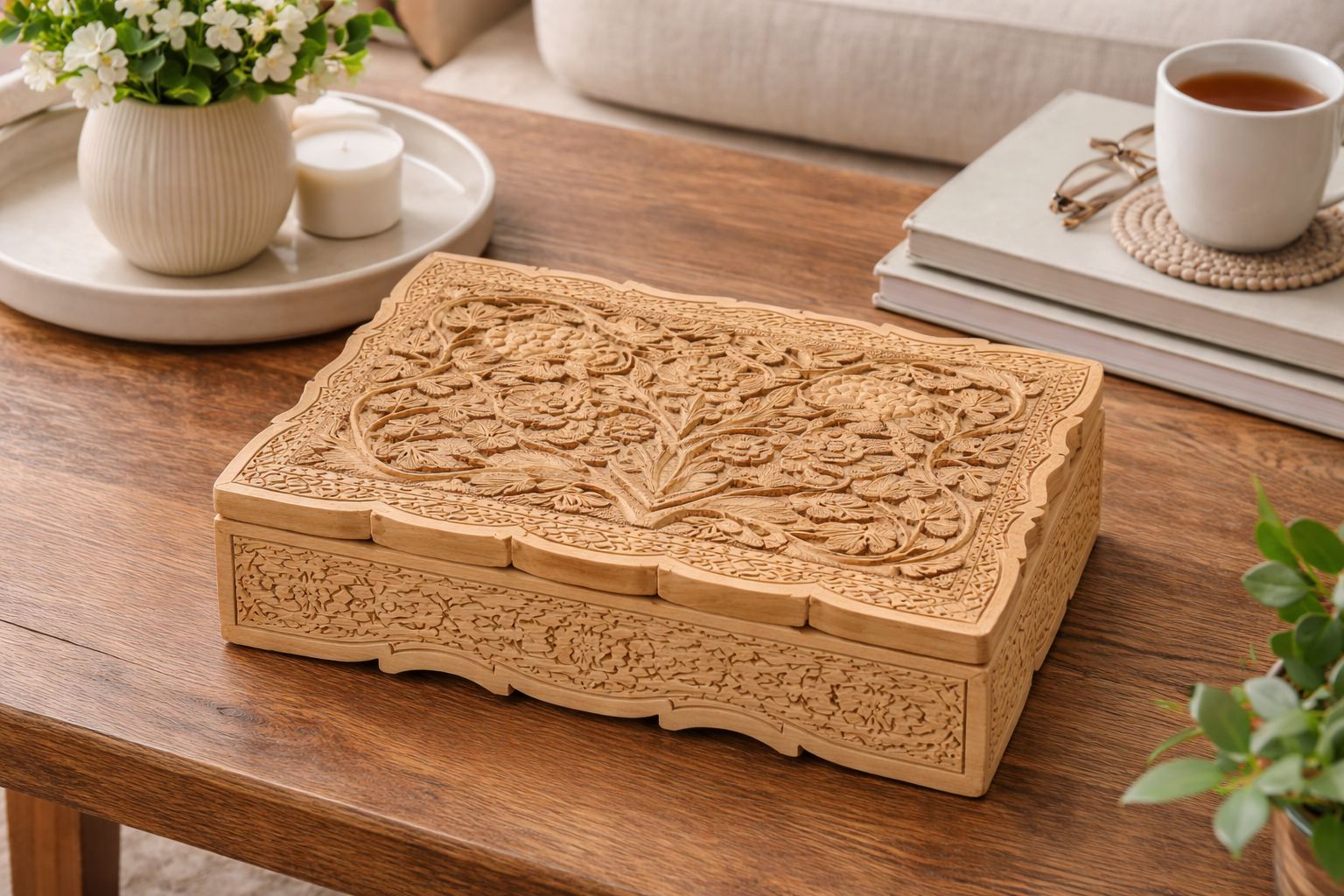 Hand-Carved Wooden Decorative Storage Box with Floral Design