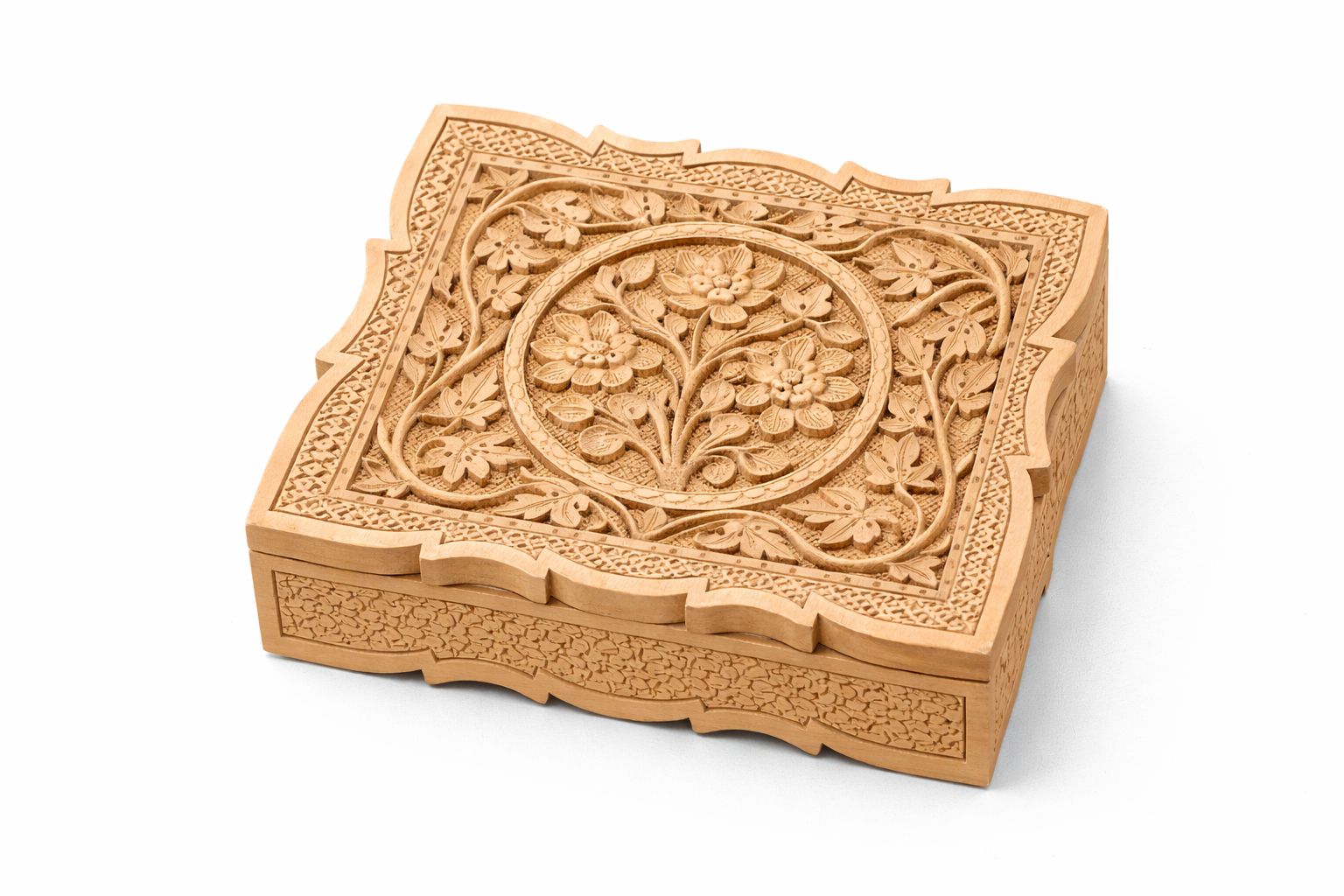 Hand-Carved Wooden Floral Jewelry Box with Intricate Design