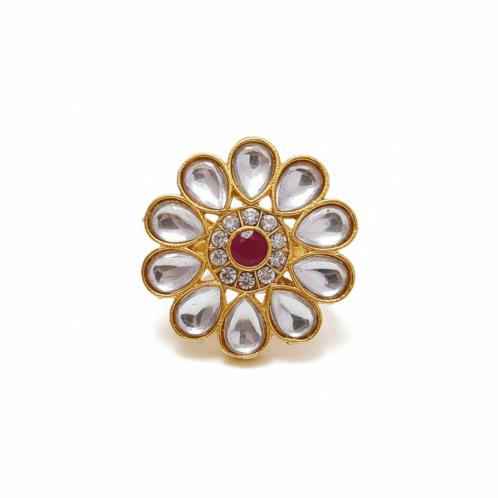 Gold Plated Maroon Stone & Kundan Adjustable Finger Ring