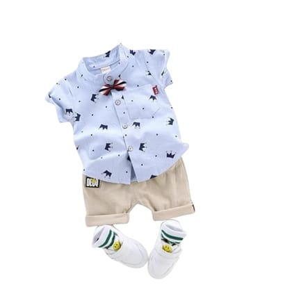 Kid Boy's Hosiery Cotton Blend Printed Cord Set with Mandarin Collar Short Sleeve Shirt and Side Pocket Elastic Waistband Closure Short Pant with Tie
