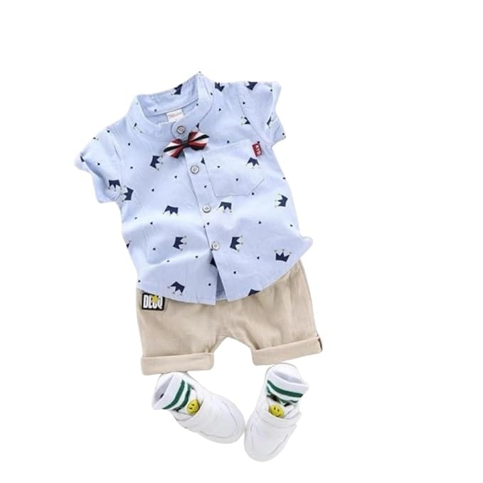 Kid Boy's Hosiery Cotton Blend Printed Cord Set with Mandarin Collar Short Sleeve Shirt and Side Pocket Elastic Waistband Closure Short Pant with Tie