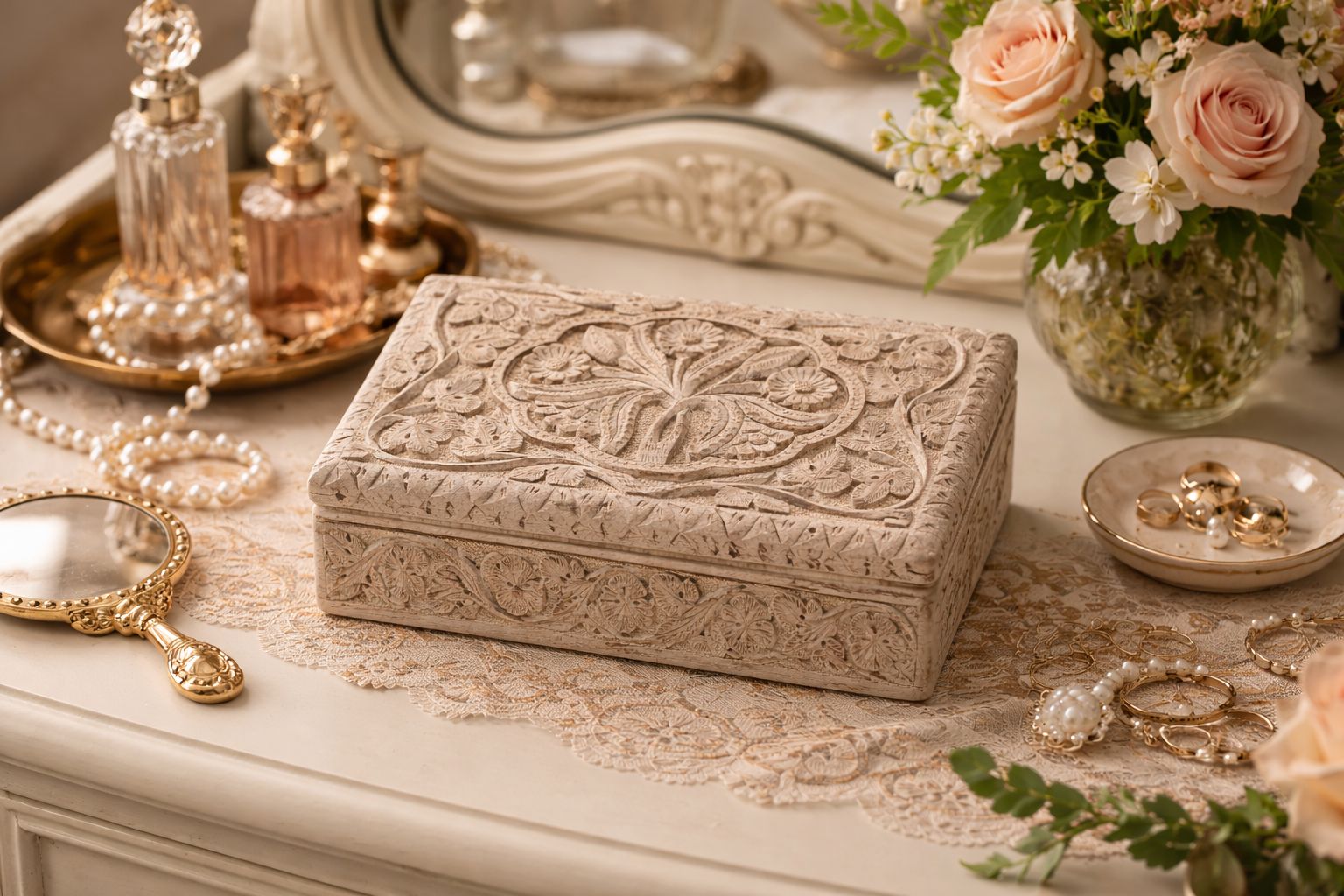 Hand-Carved Wooden Jewelry Box with Floral Medallion Design
