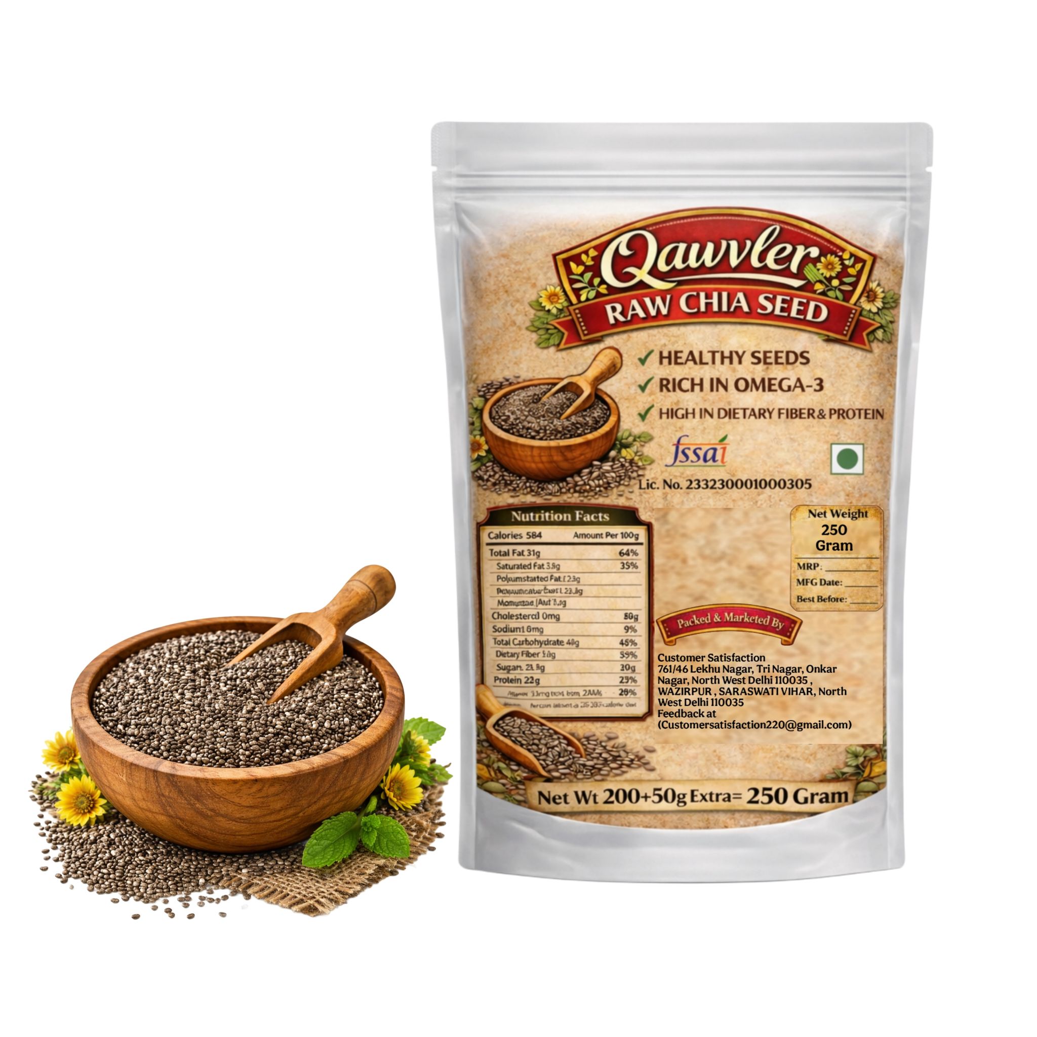 Qawvler Raw Chia Seeds | Rich in Omega-3 | Non GMO High in Dietary Fiber & Protein | Weight Management | Healthy Seeds | 250 Gram Pouch