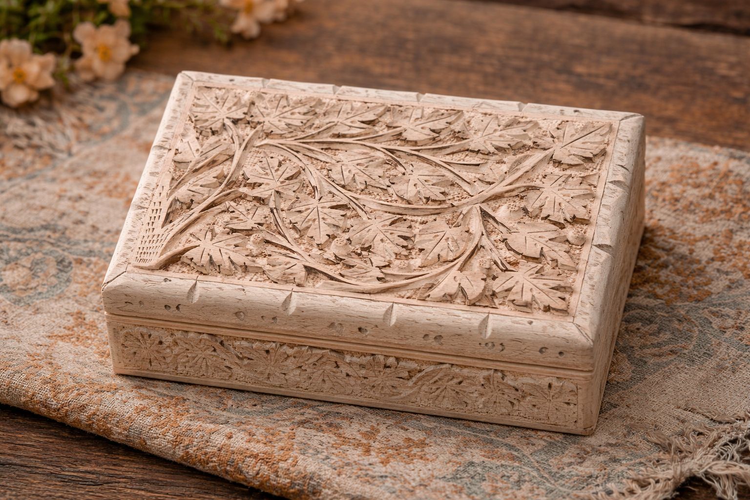 Hand-Carved Wooden Jewelry Box with Floral Vine & Leaf Design