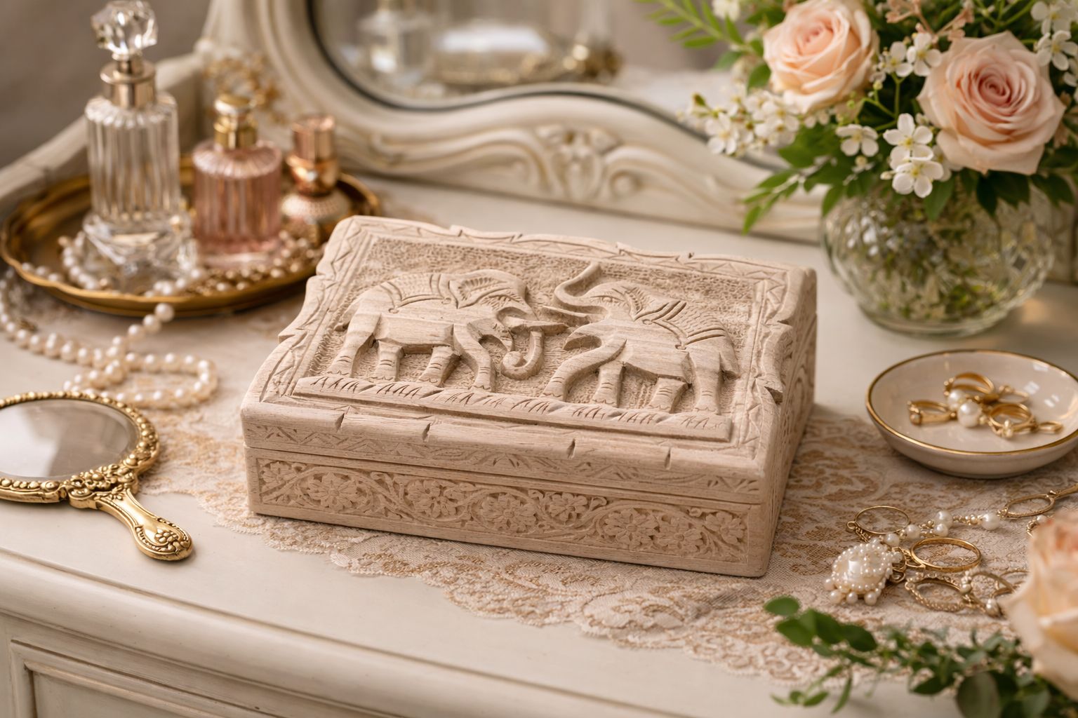 Hand-Carved Wooden Jewelry Box with Twin Elephant Motif