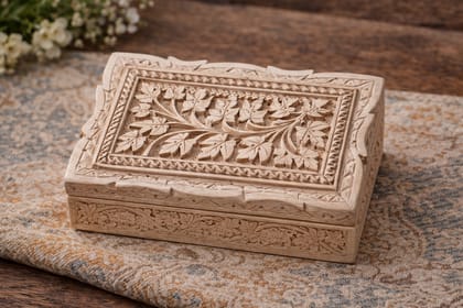 Hand-Carved Wooden Jewelry Box with Floral Vine & Leaf Design Hand-Carved Wooden Jewelry Box with Floral Vine & Leaf Design