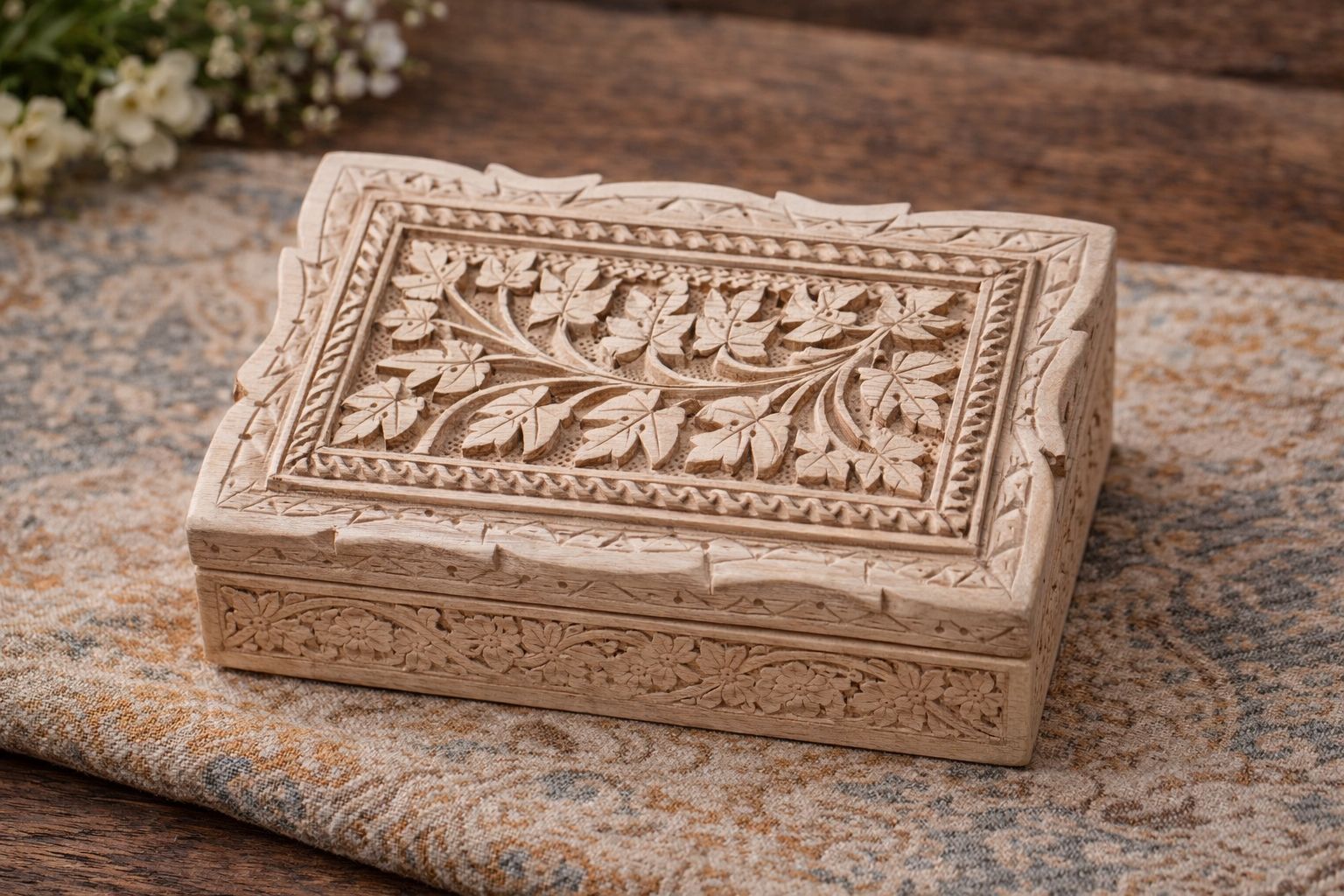 Hand-Carved Wooden Jewelry Box with Floral Vine & Leaf Design
