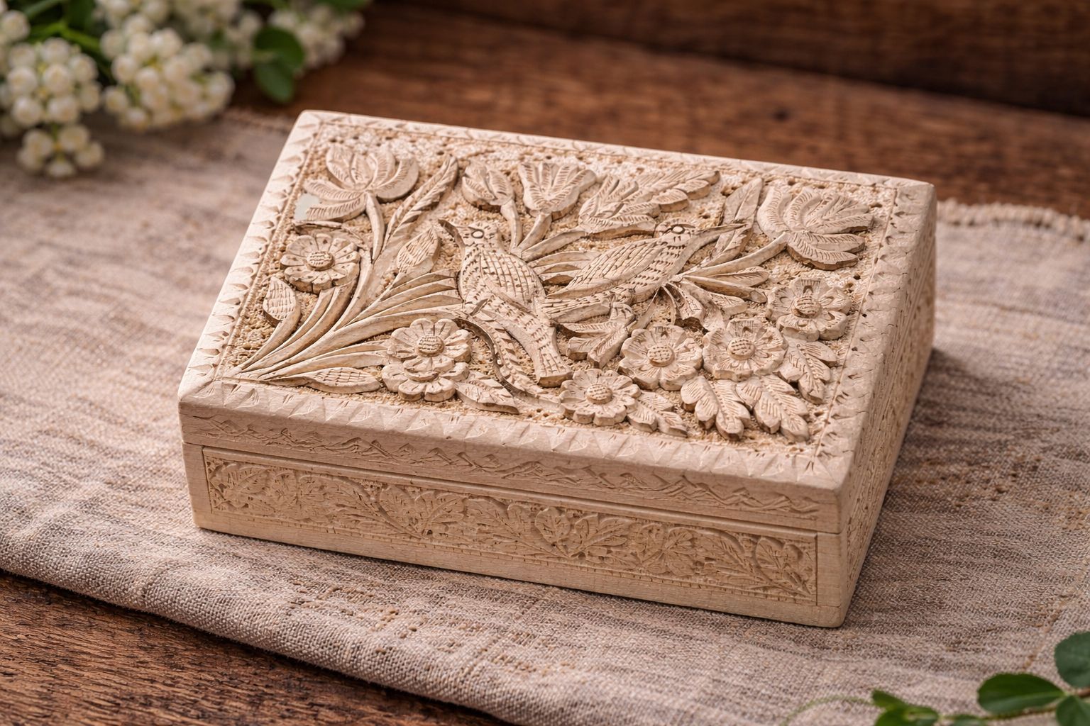 Hand-Carved Wooden Jewelry Box with Bird & Floral Garden Design