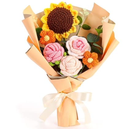 Handcrafted Crochet Sunflower & Rose Bouquet - Everlasting Knitted Flowers Handcrafted Crochet Sunflower & Rose Bouquet - Everlasting Knitted Flowers