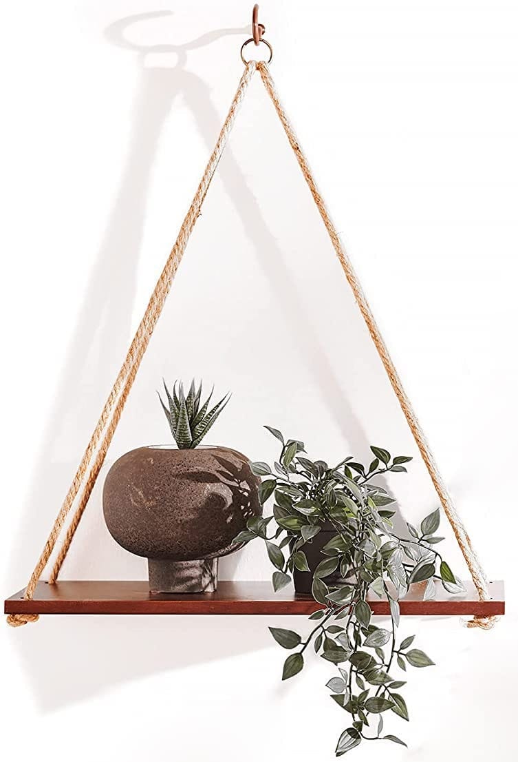 Rustic Wood Hanging Shelf with Jute Rope for Plants & Decor