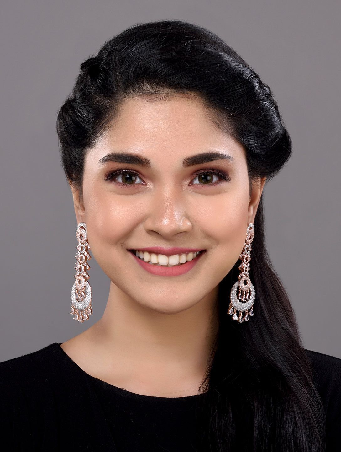 Rose Gold Plated White AD studded Circular Chandelier Dropdown Handcrafted Earrings