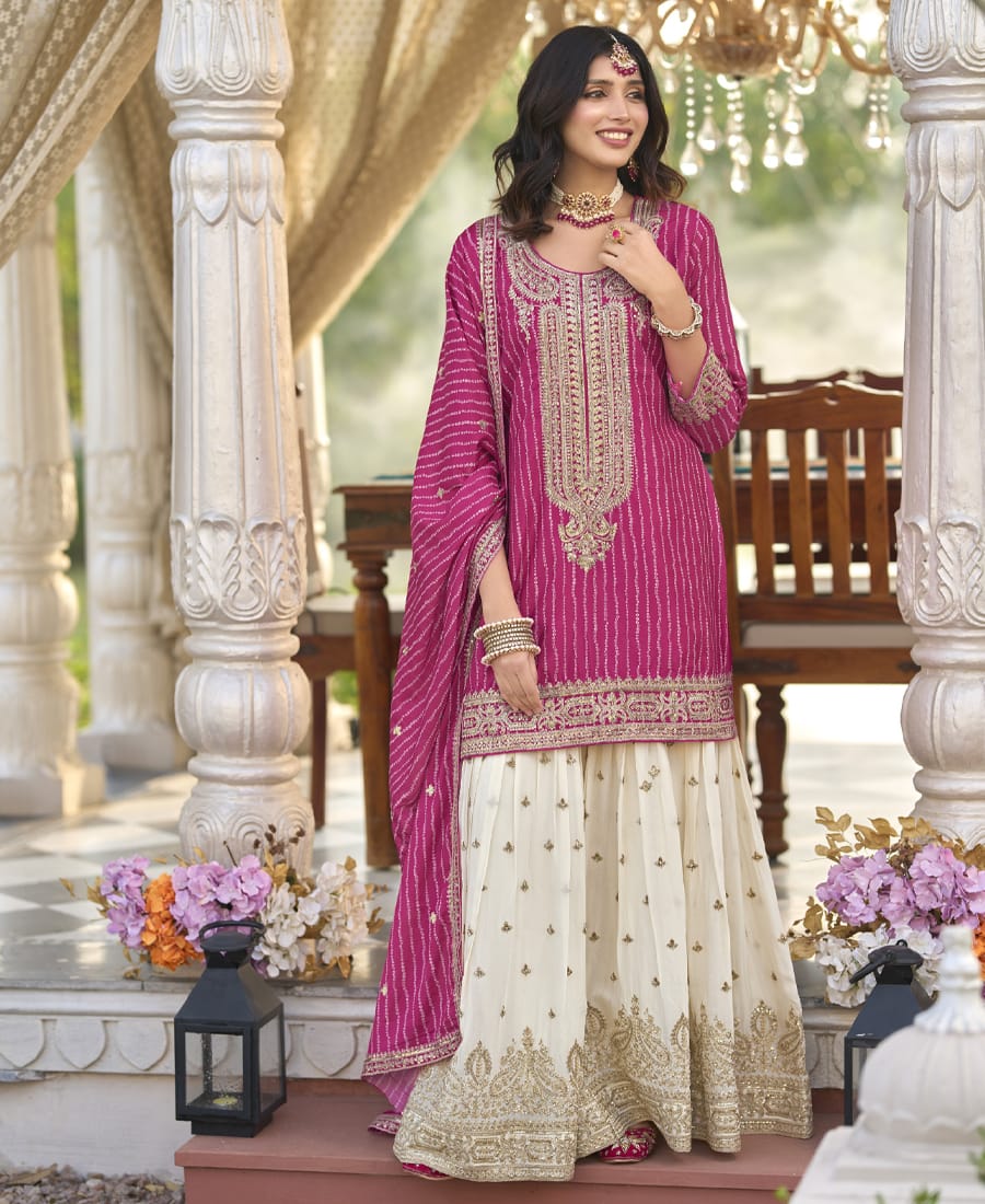 New Stylish Pink Chinon Sharara Suit for Women – Wedding Wear