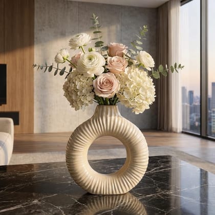 Modern Beige Ceramic Donut Vase with Ribbed Texture Modern Beige Ceramic Donut Vase with Ribbed Texture