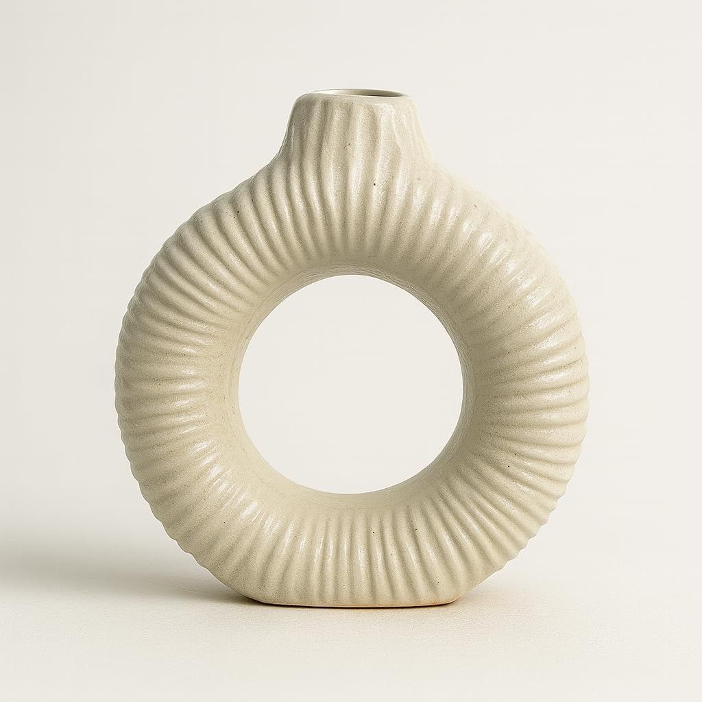 Modern Beige Ceramic Donut Vase with Ribbed Texture