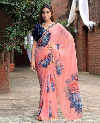 New Tabby Silk Pink Hand-Worked Saree with Contrast Blouse
