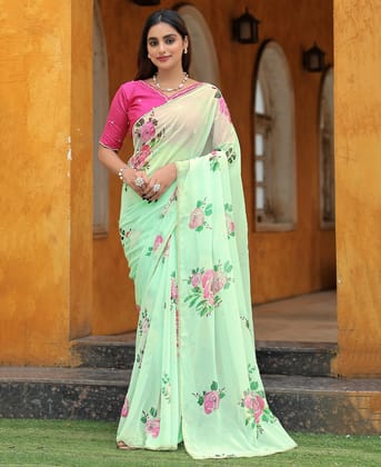 New Taby Silk Sky Blue Hand-Worked Saree with Contrast Blouse