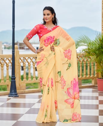 Designer Light Yellow Floral Printed Saree For Women Tabby Silk