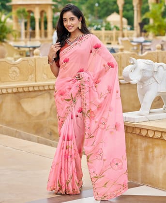 Designer Pink Floral Printed Tabby Silk Saree for Women