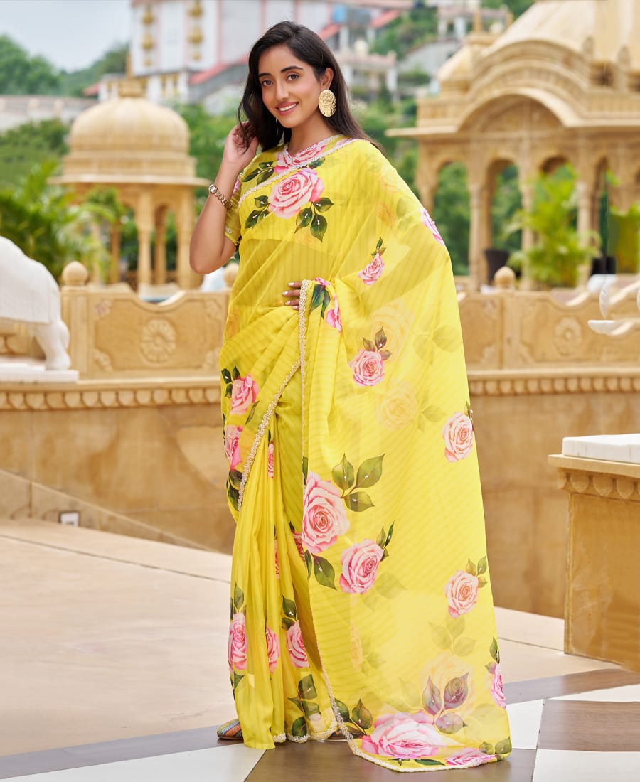 Designer Yellow Floral Printed Tabby Silk Saree for Women