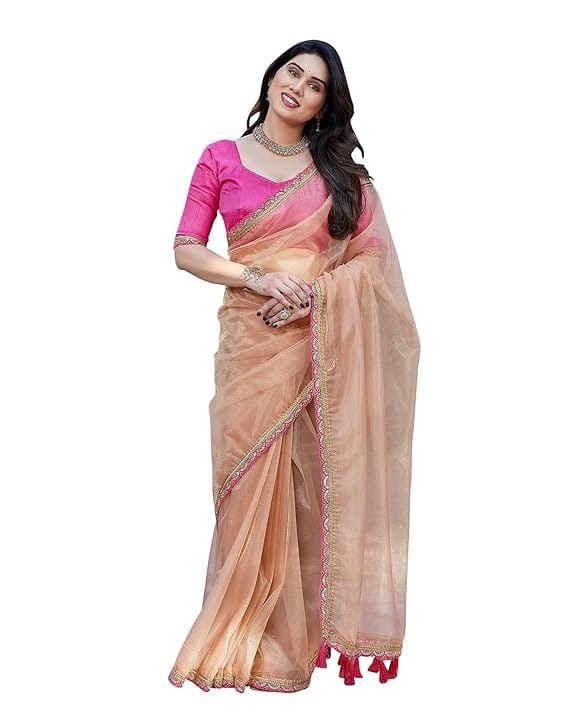 Elegant Peach Organza Saree with Embroidered Border and Contrast Blouse