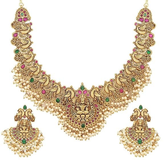 Antique Gold Plated Lakshmi Peacock Choker Necklace Set with Ruby Emerald Stones & Pearls