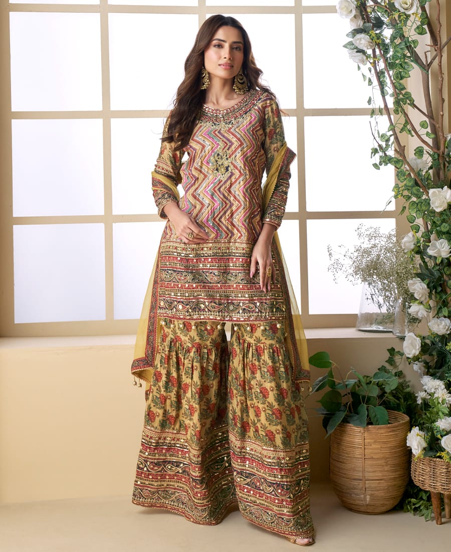Designer Pink Ajrakh Print Palazzo Suit Set for Women – Wedding Wear
