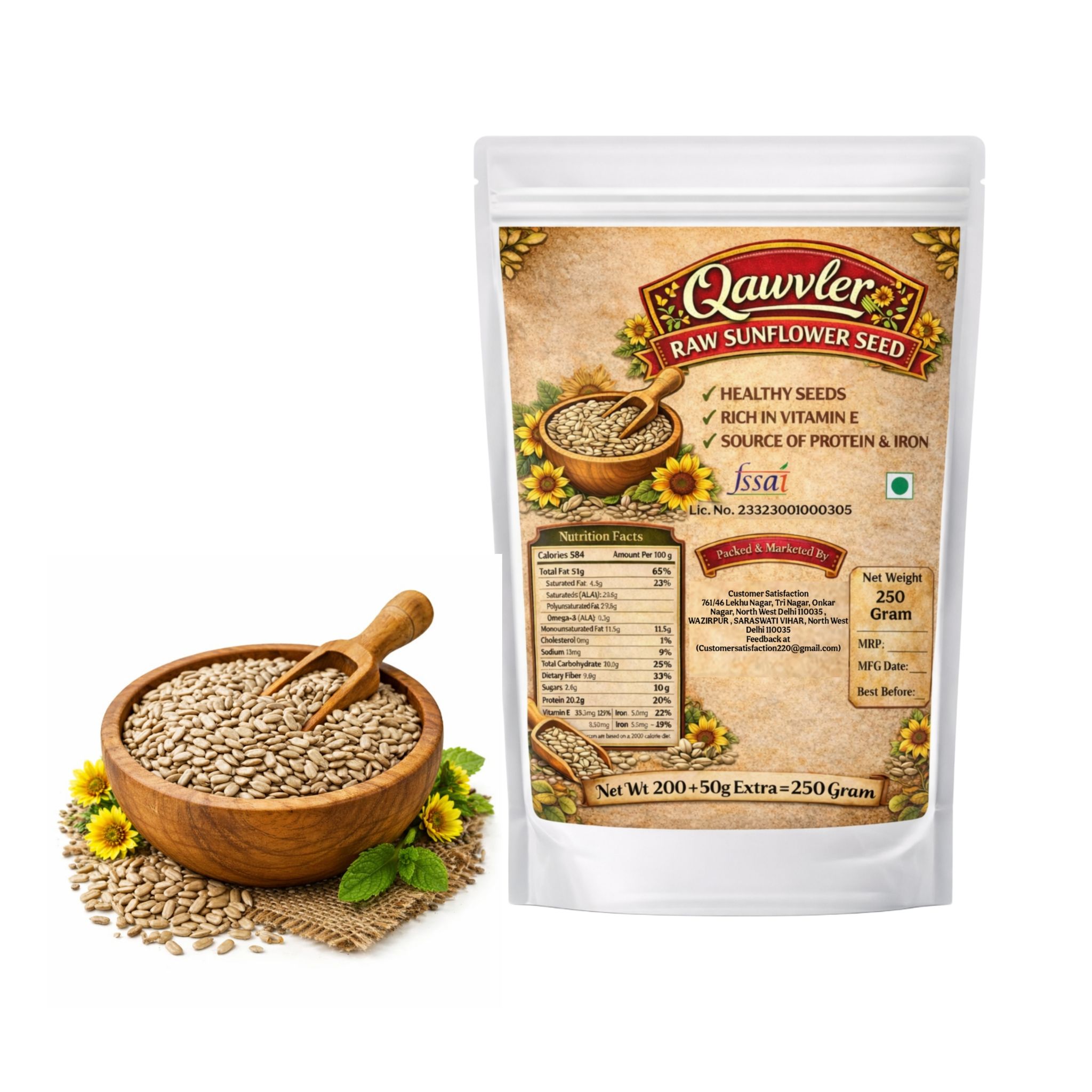 Qawvler Raw Sunflower Seed- Healthy, Rich in Vitamin E, Protein & Iron - 250 Gram Pouch