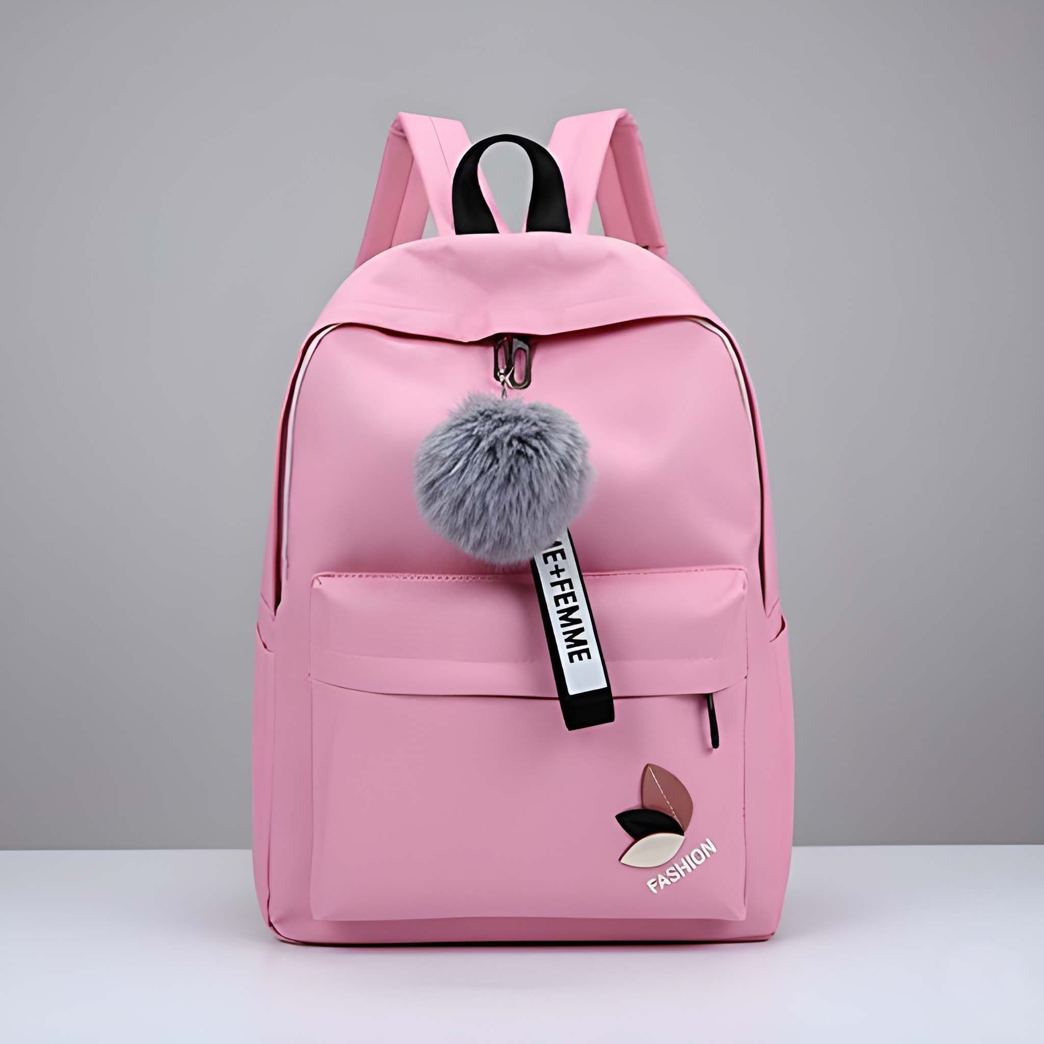 Latest Stylish Pink Backpack Bag with Cute Pom-Pom Charm | Trendy & Lightweight School, College & Travel Backpack for Girls and Women | Durable, Spacious & Fashionable Bags