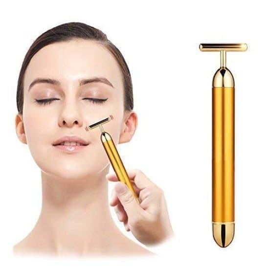 24K Gold Energy Beauty Bar Electric Vibration Facial Massage Waterproof Roller Face Skin Care T-Shaped Anti Wrinkle Massager for Forehead, Cheek, Neck, Clavicle Arm Leg (Gold Colour)