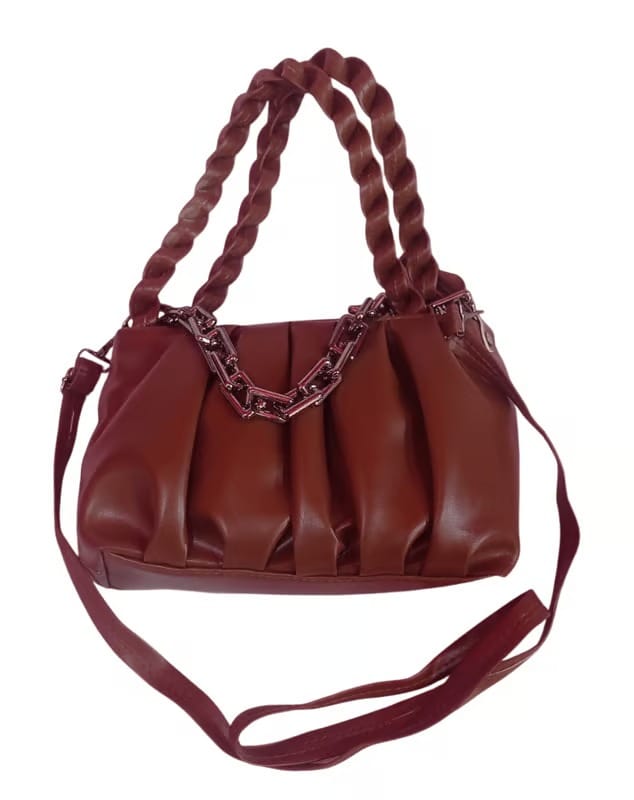 Stylish Brown Pleated Shoulder Bag with Braided Handle & Chain Detail