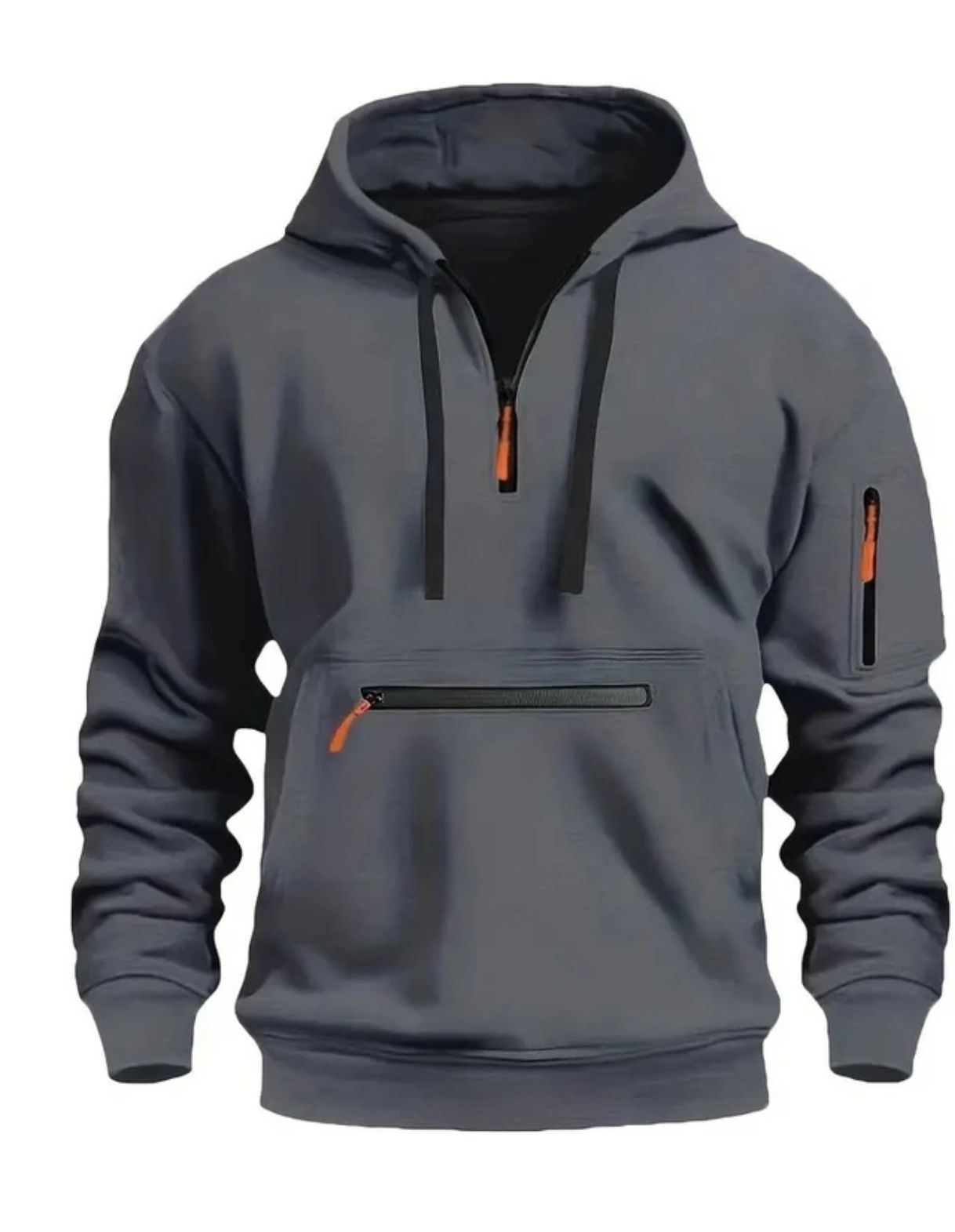 Men's Half-Zip Hooded Pullover with Pockets - Gray