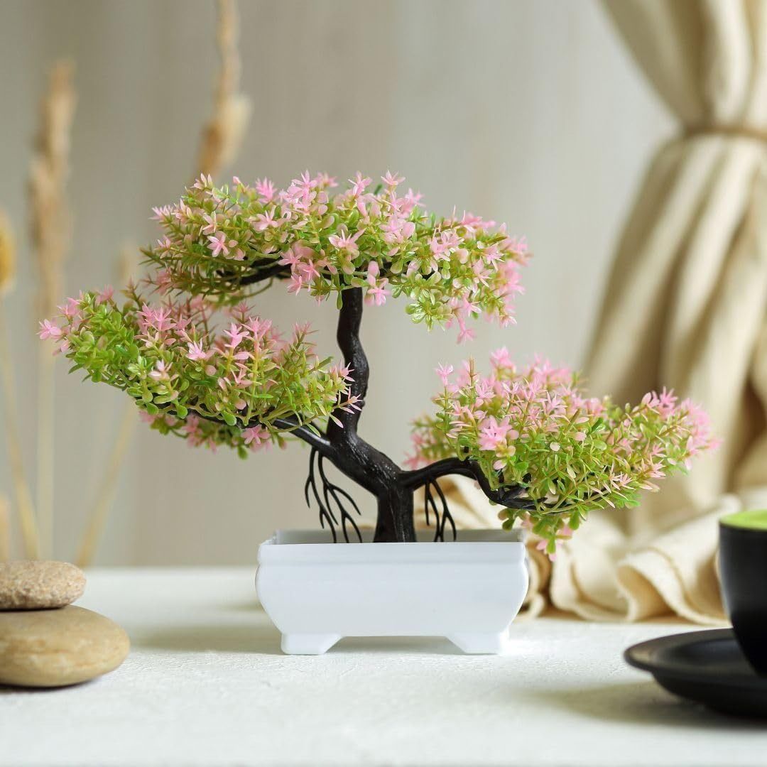 Artificial Pink & Green Bonsai Tree in White Pot - Realistic Faux Plant Decor