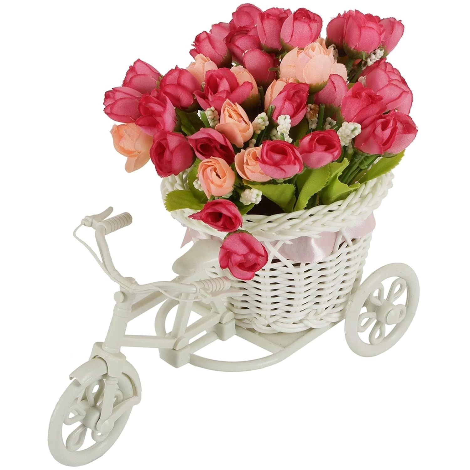 Decorative Tricycle with Artificial Pink Flowers for Home Decor
