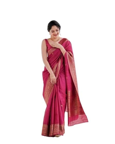 Elegant Dark Pink Silk Saree with Intricate Golden Borders