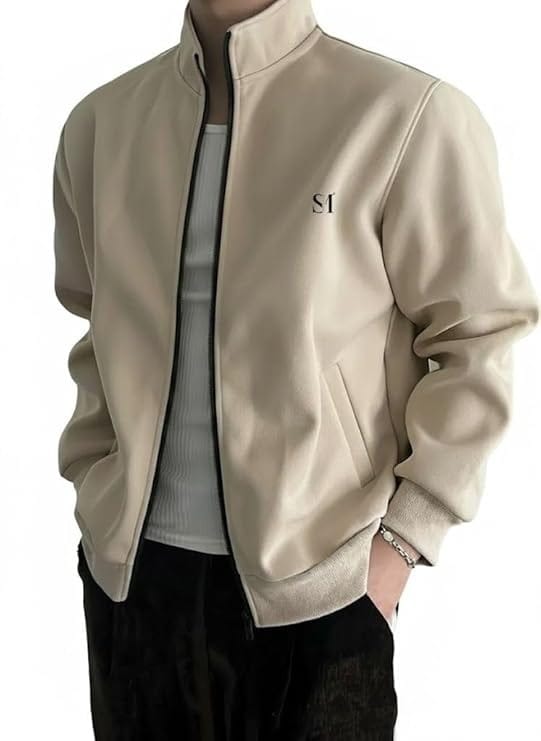 Men's Beige Stand Collar Zipper Jacket with SI Logo
