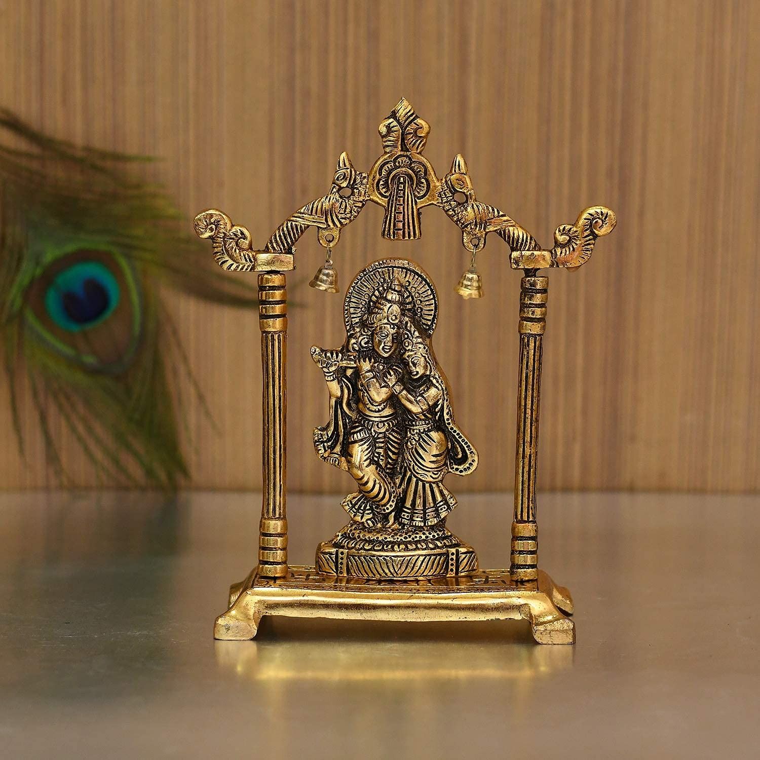 Brass Radha Krishna Idol with Flute in Arched Frame - Divine Love Sculpture